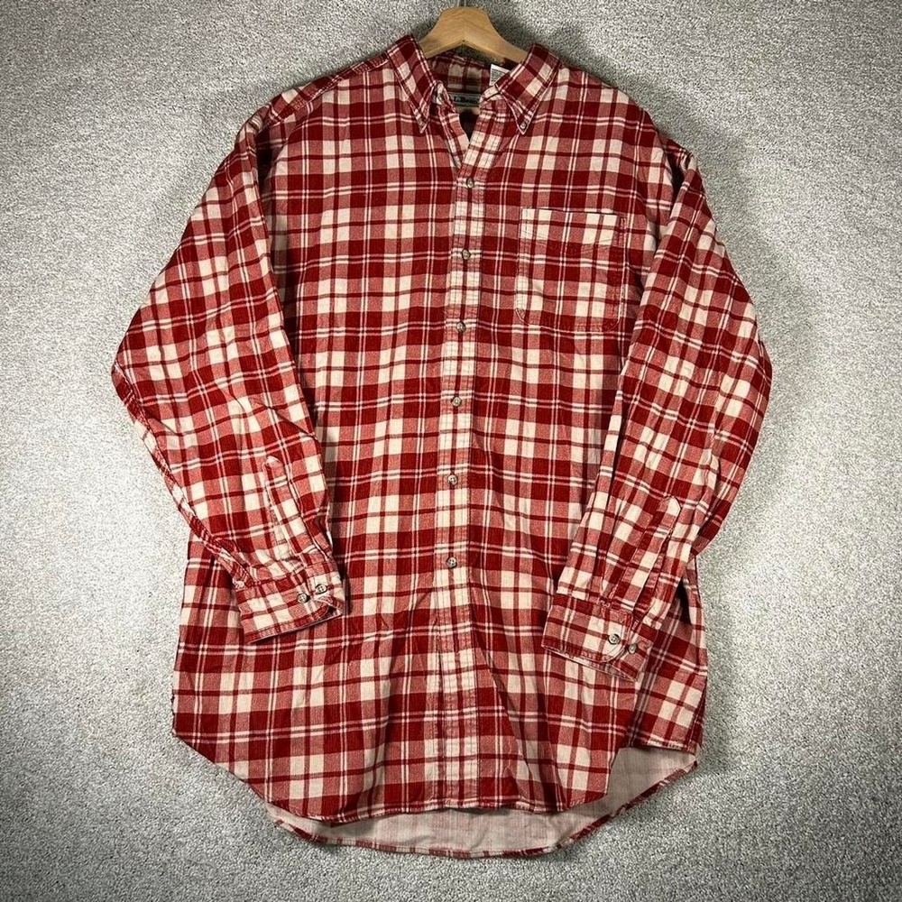 Vintage men's LL BEAN red and white plaid flannel long sleeve shirt Large Tall